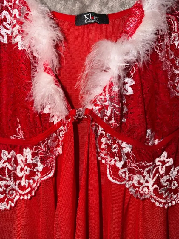 Kle Red Lace and Feather Trim Babydoll Lingerie Dress - Image 4