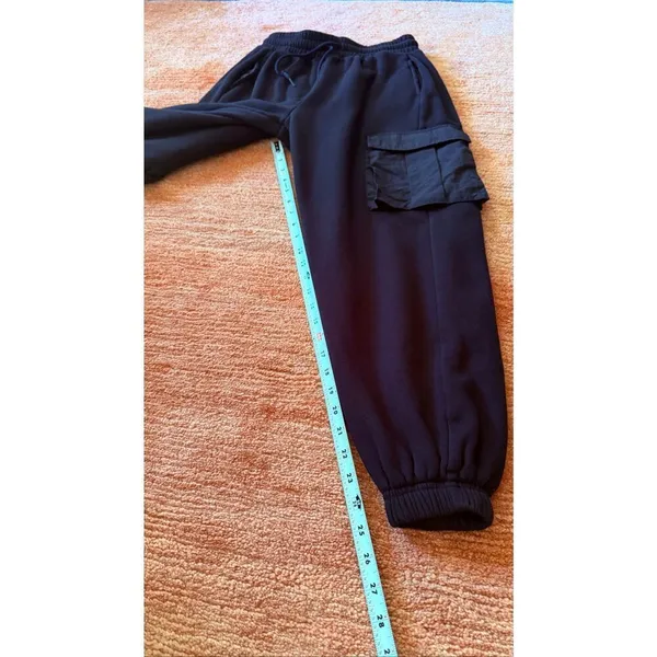 Women Black Cargo Jogger Pants Mixed Media Fleece Nylon Pockets Size M - Image 4