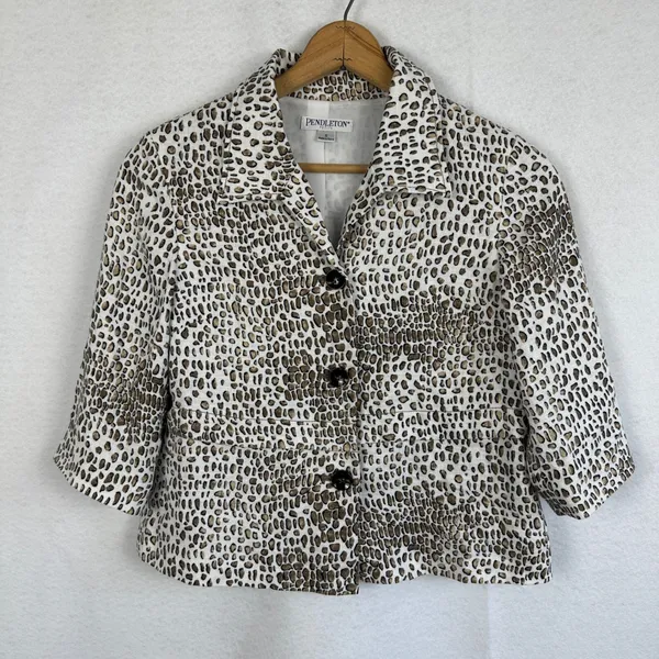 Pendleton Leopard Print Blazer Linen Women‎ Petite Small 3/4Sleeve Button Front - Image 4
