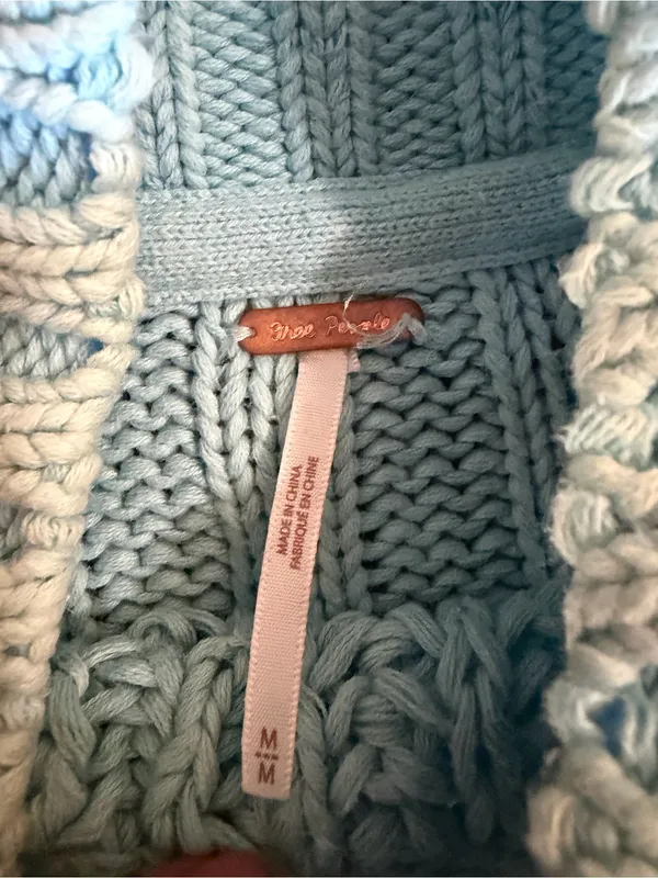 Free People Sweetheart Sweater Blue Chunky Knit Ribbed Mock Neck Medium - Image 6