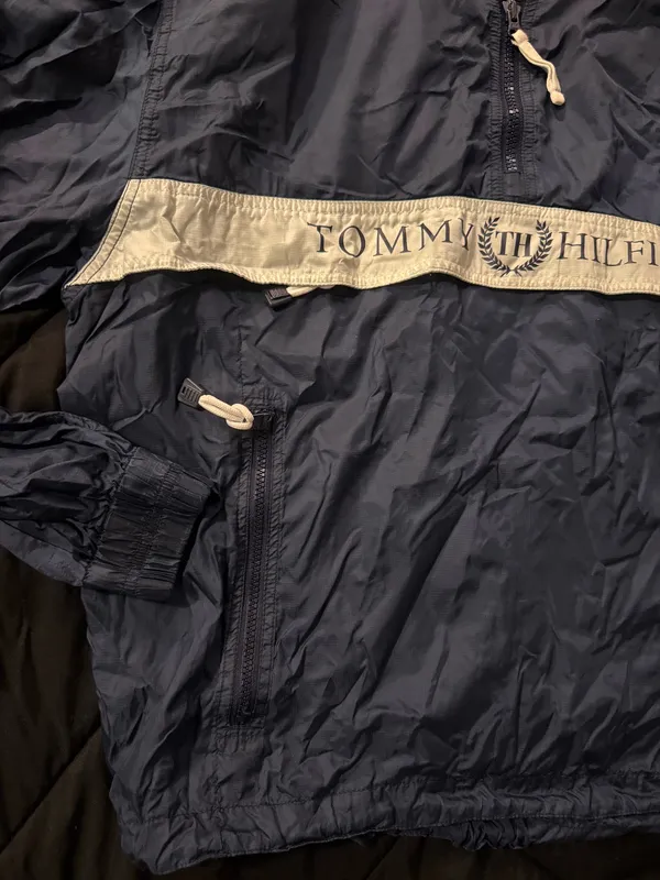 {TOMMY HILFIGER} Vintage Navy Blue Hooded Anorak Pullover Spellout Windbreaker - Image 2