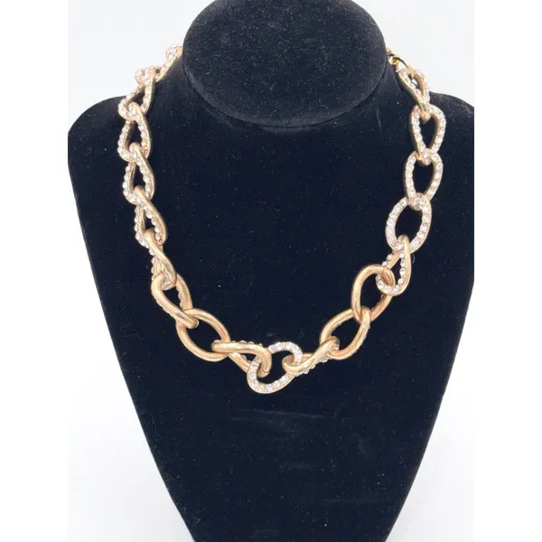 Chunky Gold Tone Rhinestone Chain Link Necklace Statement Runway Choker Glam - Image 2