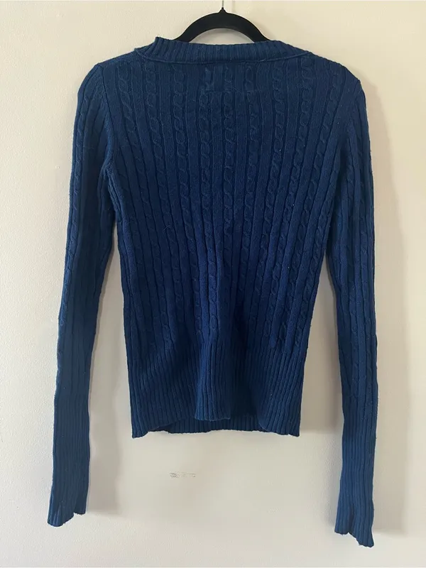 Vintage Y2K American Eagle Cable Knit Ribbed V Neck Sweater Small Blue Preppy - Image 5
