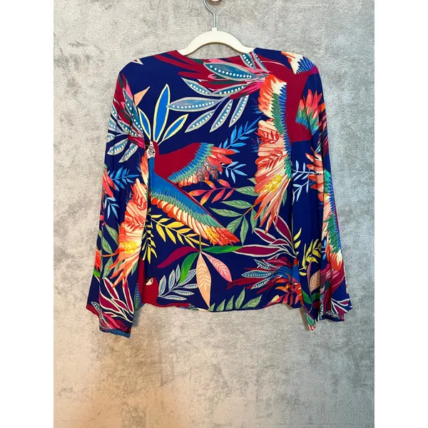 Farm Rio Kaia Blouse Small Tropical Birds Parrots Wide Sleeves Coastal Beachy - Image 7