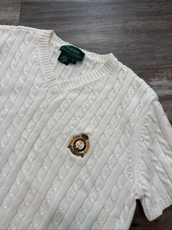 Lauren Ralph Lauren White Cable-Knit Short Sleeve V Neck Sweater Large - Image 3