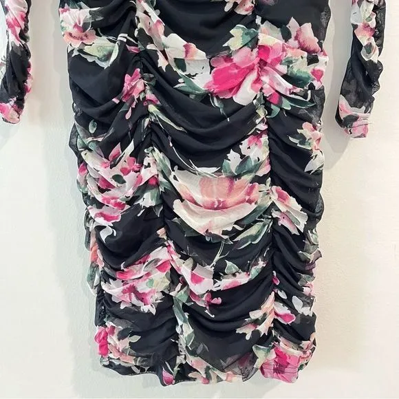 Lulus Ayana Black Pink Floral Ruched Mesh‎ Bodycon Dress SMALL - Image 7