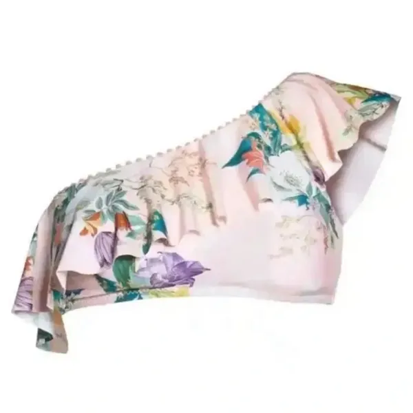 Seafolly Isabella Rose Floral One Shoulder Bikini Top Medium Pink Ruffle Pom Pom Trim NWT - Image 3