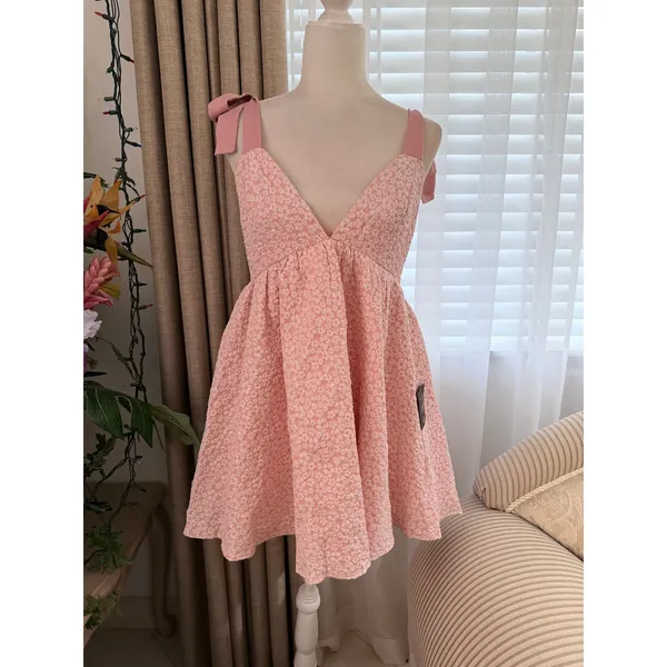 Lulus Darling Composure Pink Jacquard Floral Tie-Strap Mini Dress - Image 4