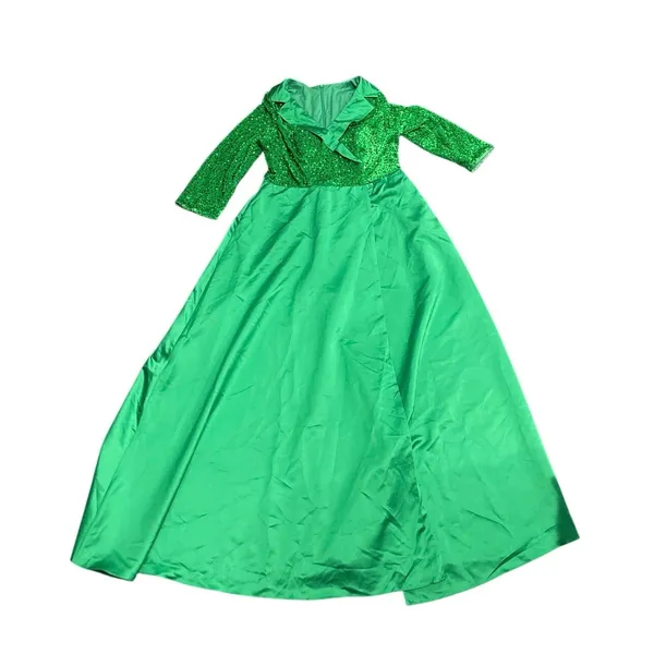 Emerald Green Sequined Formal Gown Dress Wide Collar A-Line Maxi Wicket Costume - Image 3