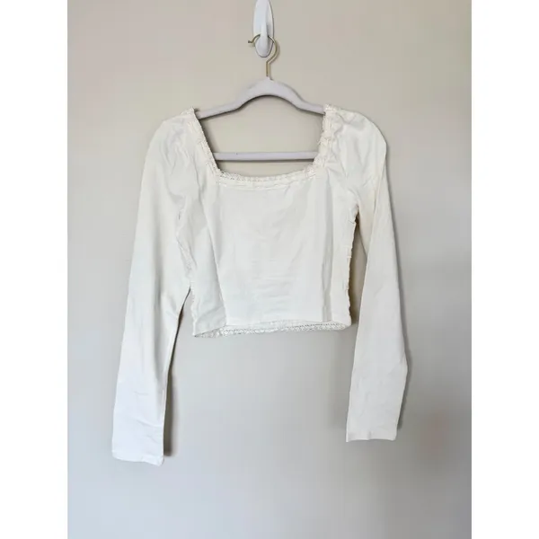 Free People Ivory Lace Trim Ruched Long‎ Sleeve Crop Top Tie Front Size Medium - Image 3