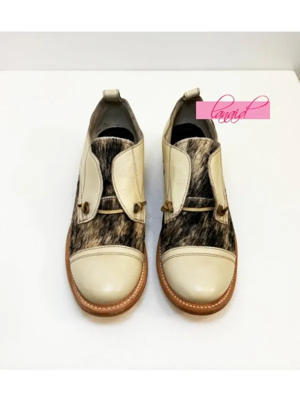 FREEBIRD by Steven NEW Mabel White Multi Pony Leather Hair Beige Brown Oxford Flat Loafers - Image 2