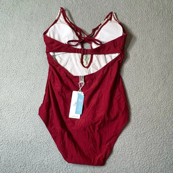 Cupshe Swimsuit Womens M Burgundy Lace Plunge One Piece‎ Swimsuit NEW - Image 2