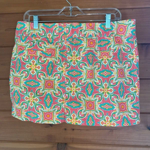 Old Navy Mini Skirt Exotic Patrern Orange & Pink Geometric Size 12 - Image 4