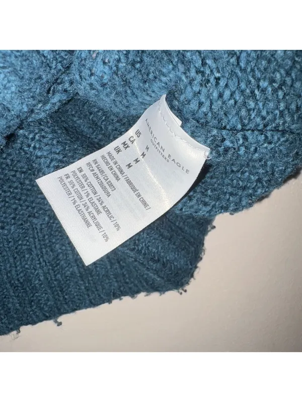 American Eagle Fair Isle Yoke Sweater - Teal Blue - Size M - Cotton Blend - Image 3