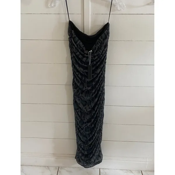 Steve Madden Mesh Tube Dress Army Green Leopard Print Ruched Midi DP28483F ‎ M - Image 11
