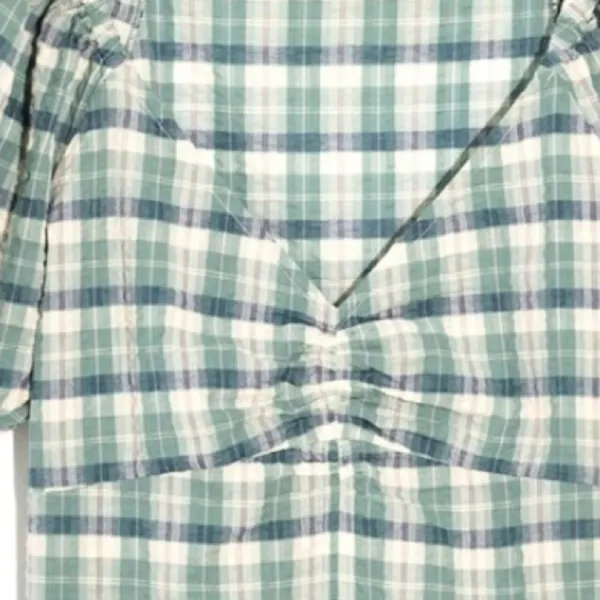 Madewell Plaid Puff Sleeve Ruched Bodice Green White Milkmaid Top Xs - Image 5