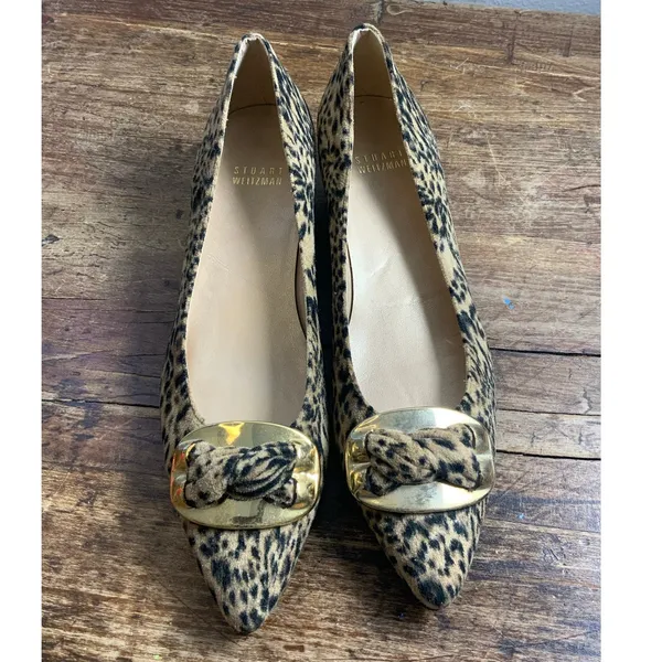 Stuart Weitzman‎ leopard print ballerina flats gold buckles 7N - Image 2