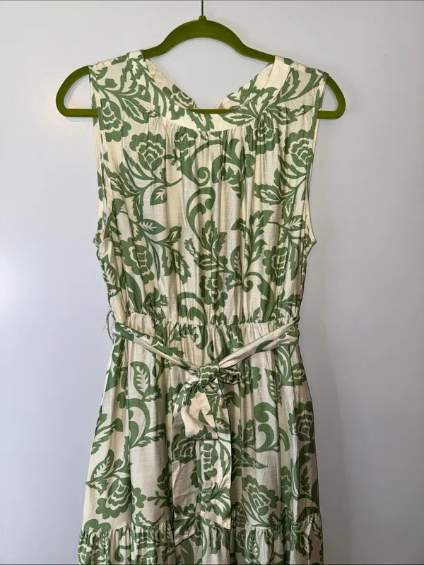 Sleeveless Cream Maxi Dress with Green Floral Print and Waist Tie - Image 3