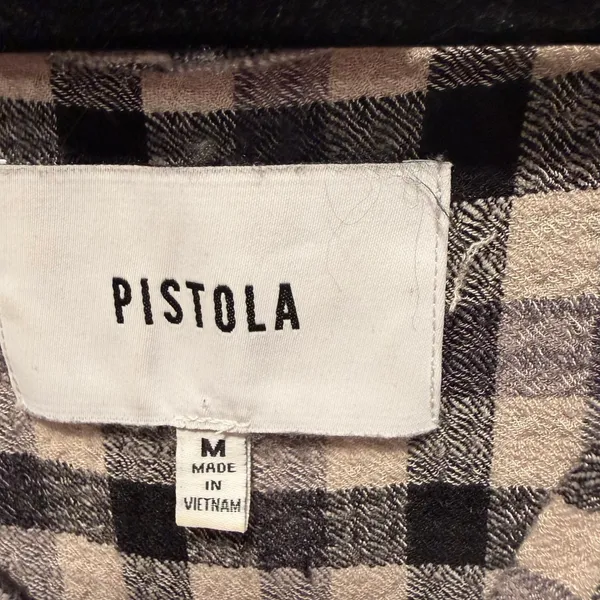 Pistola Plaid Button Down Shirt Black‎ Tan Medium Oversized Cozy Casual Boho - Image 2