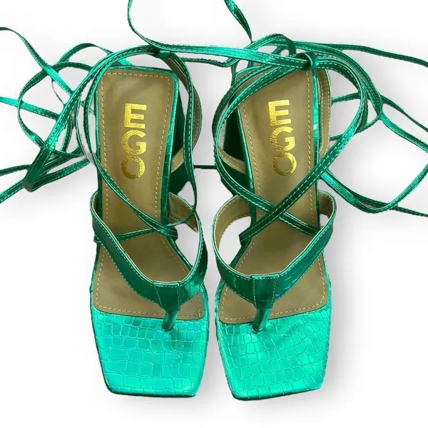 EGO Salma Teal Green Metallic Croc Pyramid Heel Tie Sandals Size 5 - Image 5