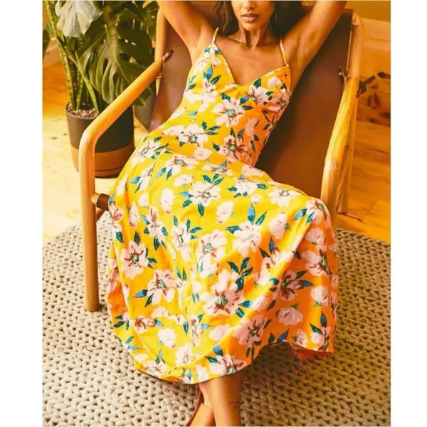Free People Finer Things Printed Halter Midi Dress Sunshine Combo Tropical Large - Image 8