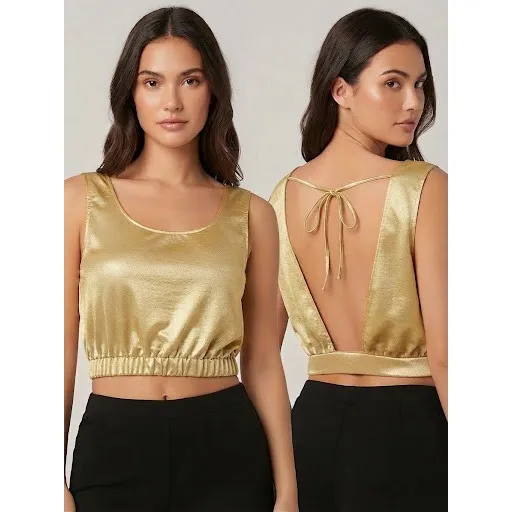 Double Zero Gold Metallic Open Back Tie Crop Top Sleeveless Blouson Lrg Holiday - Image 2