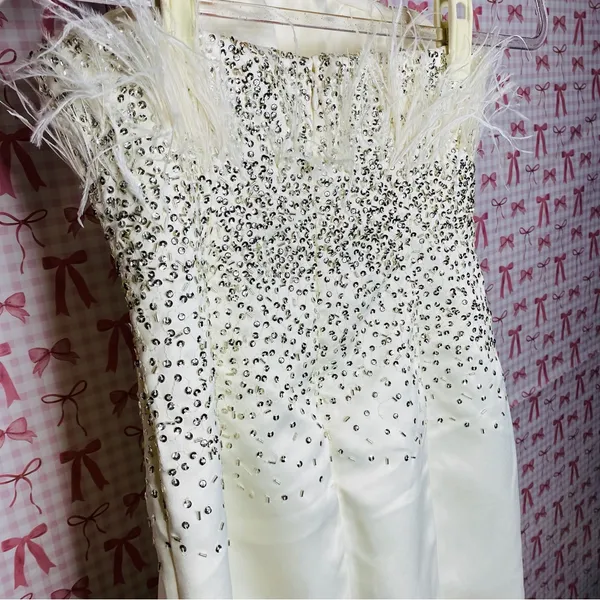 NBD x Revolve GRACY Strapless White Ostrich Feathered Sequin Mini Dress - Image 7