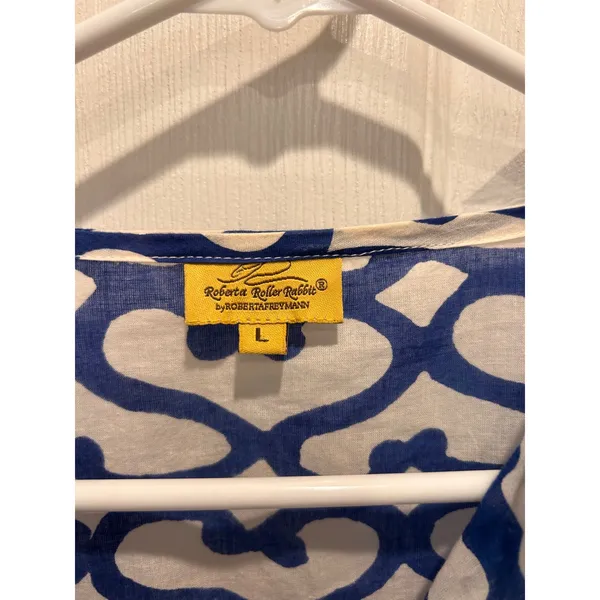 Roberta Roller‎ Rabbit Blue White Geometric Print Big Cata Kurta Tunic Top Large - Image 2
