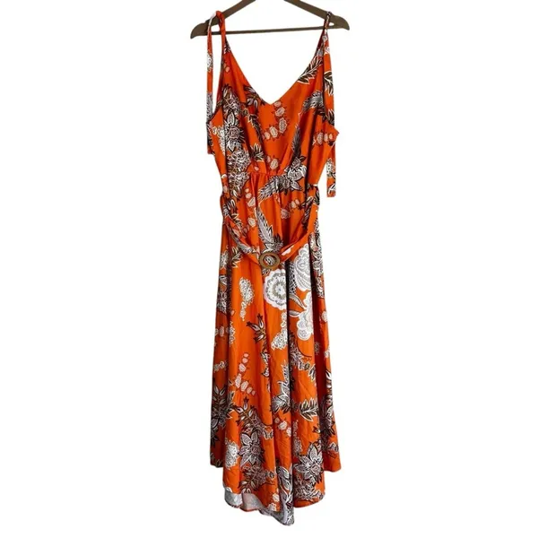 Chicme Belted Maxi Dress Womens XL Orange Floral Lightweight Resort Vacation - Image 2