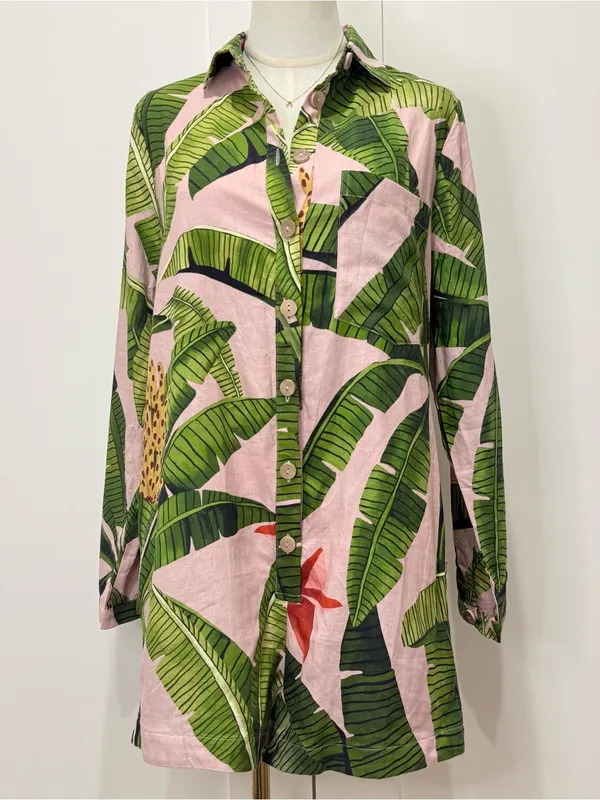 Farm Rio Pink Banana Leaves Linen Jumpsuit Small Long Sleeve Tropical Vacay Chic - Image 7