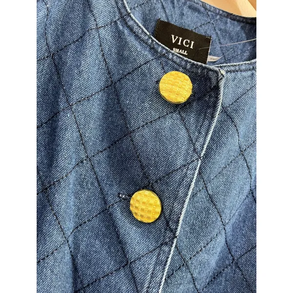 VICI‎ Quilted Blue Jacket Cropped Preppy Capsule Wardrobe Cotton Blend S - Image 4