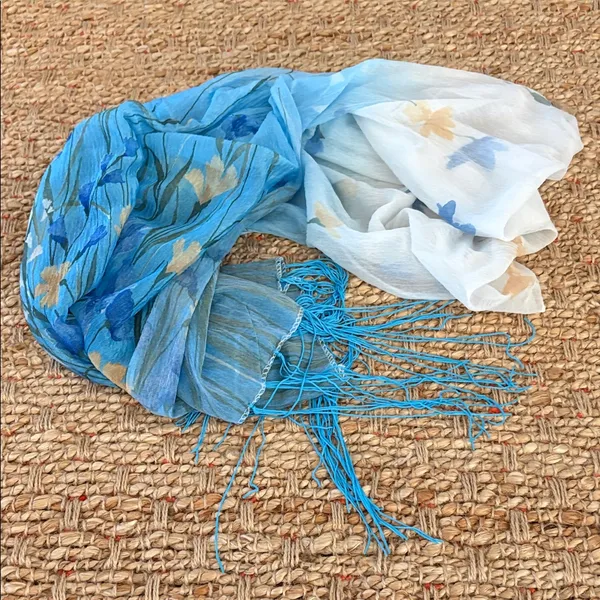 Floral Blue and White Scarf with Fringe - Image 5