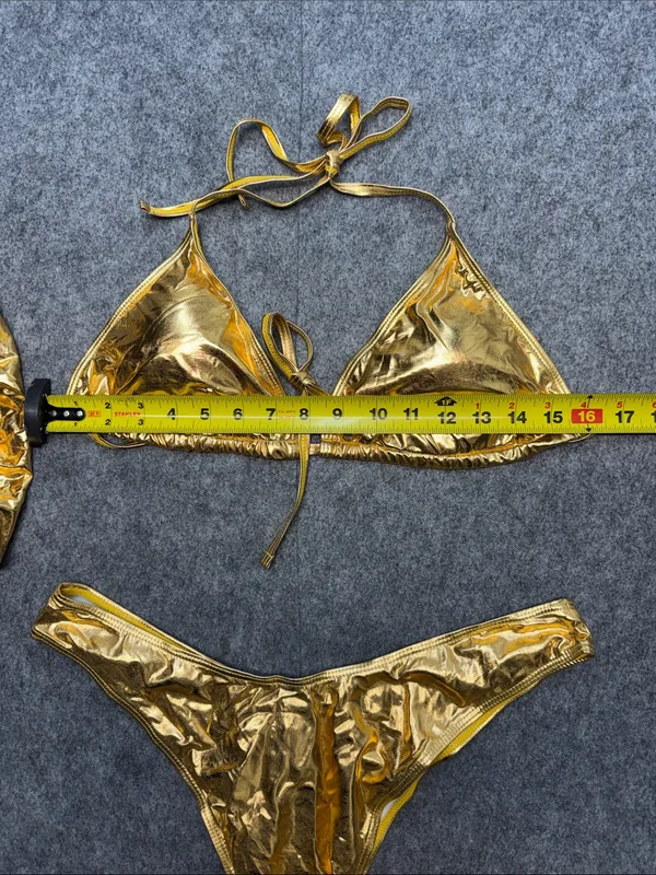 3 Piece Swimsuit Metallic Halter Triangle Bikini Set with Cover Up Beach Skirt - Image 8