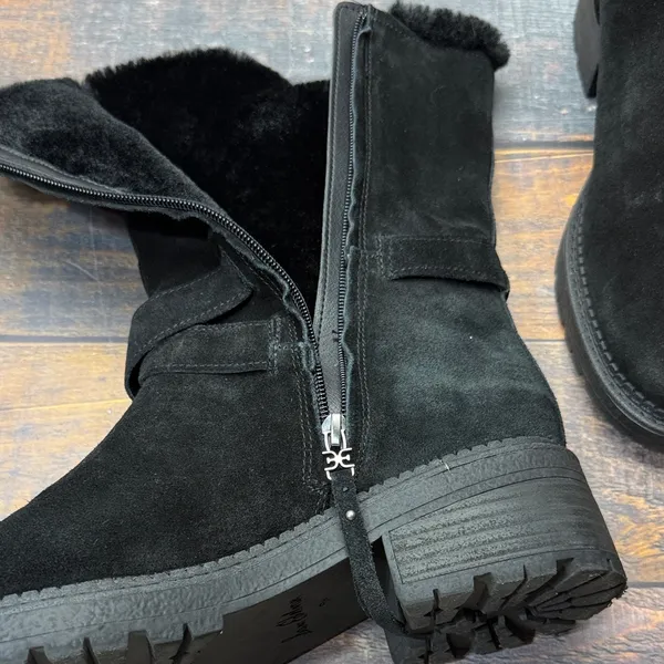 Sam Edelman Jailyn Black Suede Faux Fur Lined Mid-Calf Lug Sole Moto Boots 9.5M - Image 3
