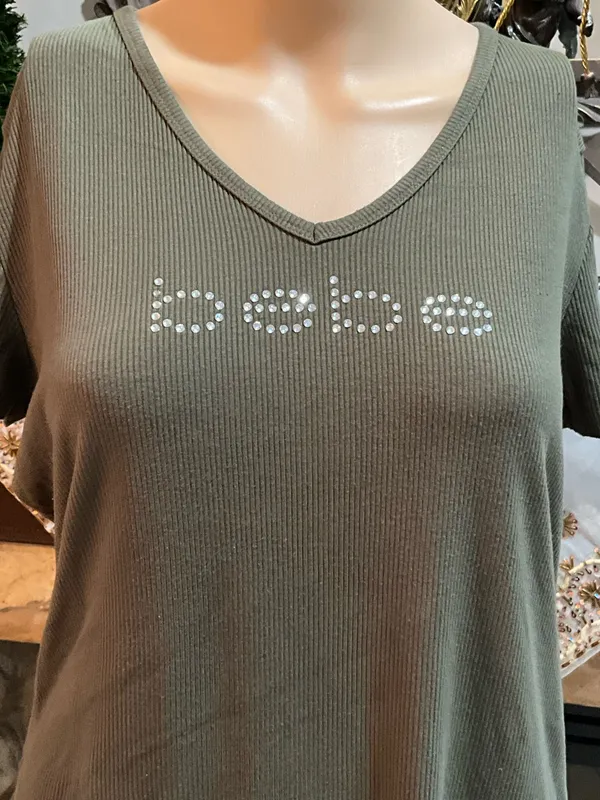 Khaki green Bebe rhinestone top with V-neck  - Image 2