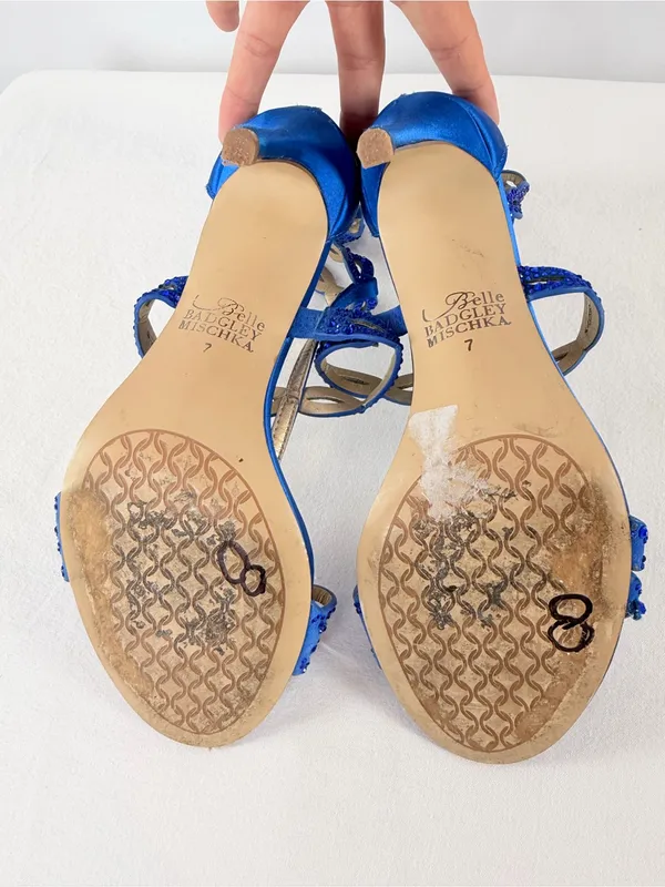 Belle Badgley Mischka Cobalt Blue Beaded Satin T-Strap Heels‎ Size 7 - Image 9