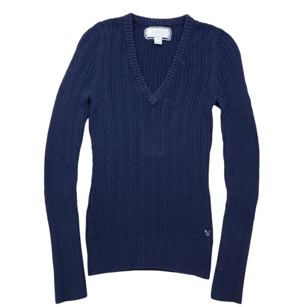 Vintage American Eagle Cable Knit Sweater Large Blue V Neck Preppy Y2K - Image 2