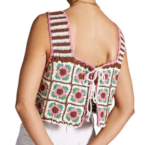 Anthropologie Maeve Boho Retro Reversible Granny Square Festival Floral crotchet crop top OS - Image 4