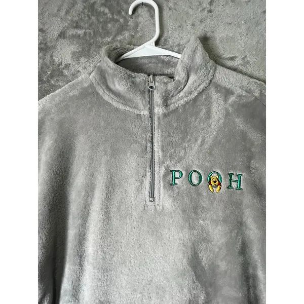 Disney Winnie the Pooh Gray Plush Quarter Zip Fleece Pullover Small Y2K Cozy - Image 2