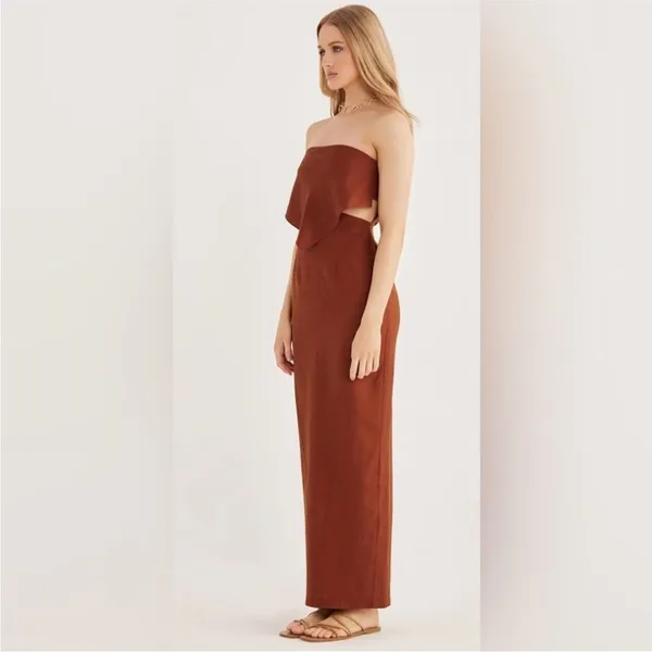 Revolve Rumer Roam Bandana‎ Maxi Linen Chocolate Brown Cutouts Dress Med NWT - Image 12