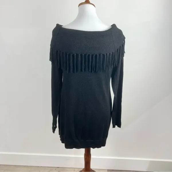 White House Black Market Metallic Fringe Off Shoulder Sweater Dress Large - Image 3