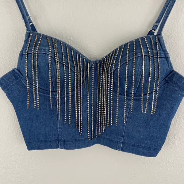Haute Monde Y2K Vibes Blue Denim Cowgirl Western Rhinestone Fringe Crop Bustier Tank Top - Image 4