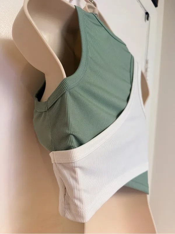 Fresral Ribbed Colorblock Wrap Crop Tank Top Sage Green White Size Small S - Image 8