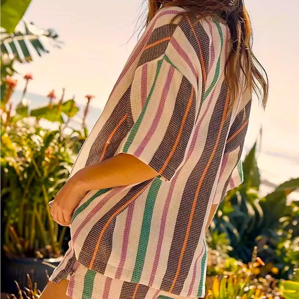 Free People Striped Button Down Shirt in Pink, Green, Brown, White - Image 4