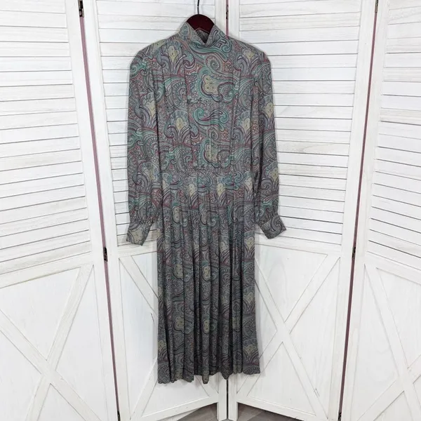 Vntg J.G. Hook Paisley Pleated Mock Neck Maxi Dress Green Multi Size‎ 4 Heritage - Image 9