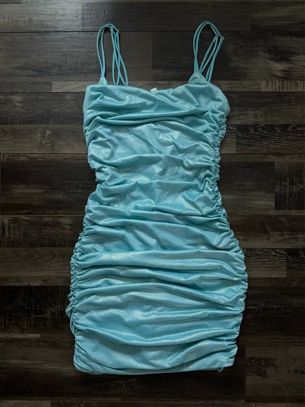 Lucy in the Sky Ruched Mini Dress Aquamarine Size S - Image 3