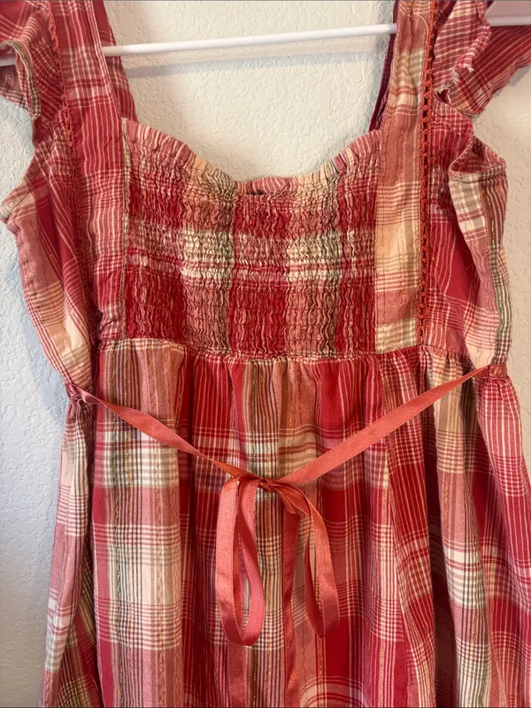 Vintage Jane Ashley Red Plaid Tiered midi dress with tie waist on back small - Image 5