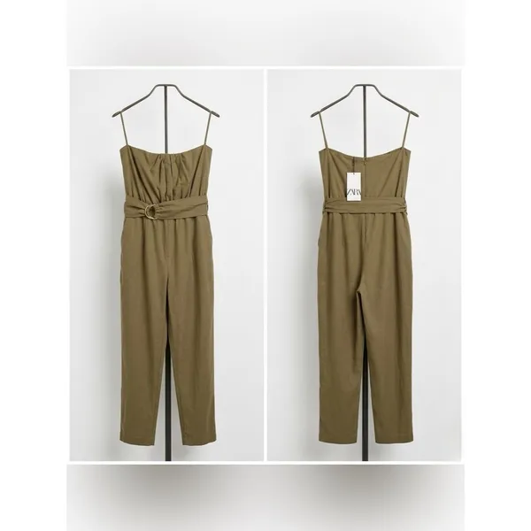 NWT Zara Women’s Textured Belted Olive Strapless Jumpsuit with Pockets Size M - Image 3