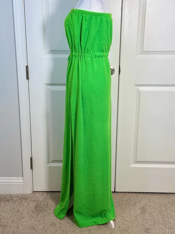 Vintage Chantel Terry Cloth Maxi Dress M Lime Green Strapless Pool Cover Up Slit - Image 4