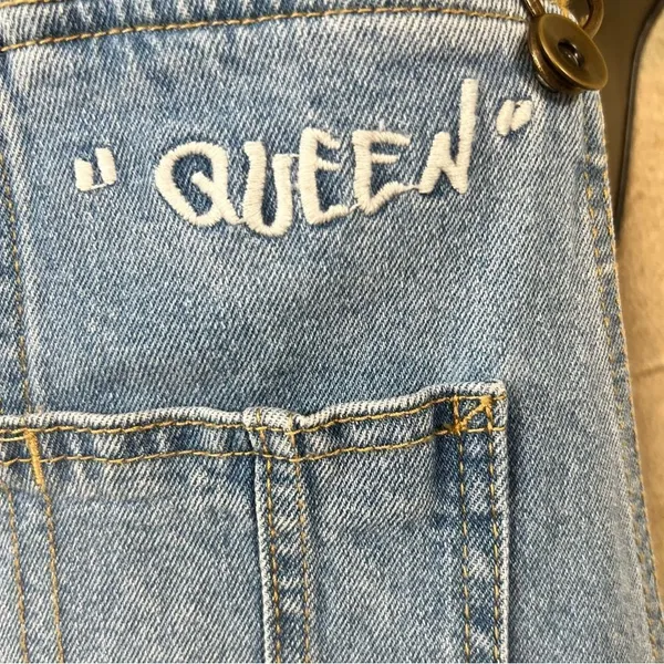 Target PRIDE SHORTALLS | Take PRIDE Queen Rainbow Patchwork Denim Unisex Shortalls - Image 5